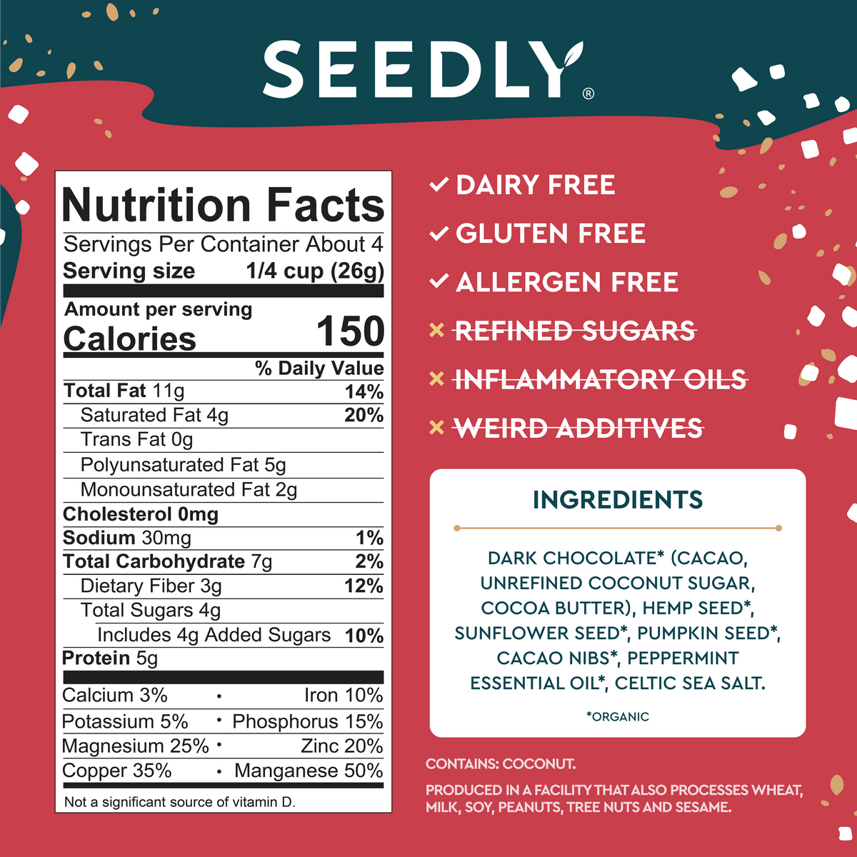 SEEDLY, Peppermint, Dark Chocolate Bark, 3.6 Oz. (Lmt Ed.)