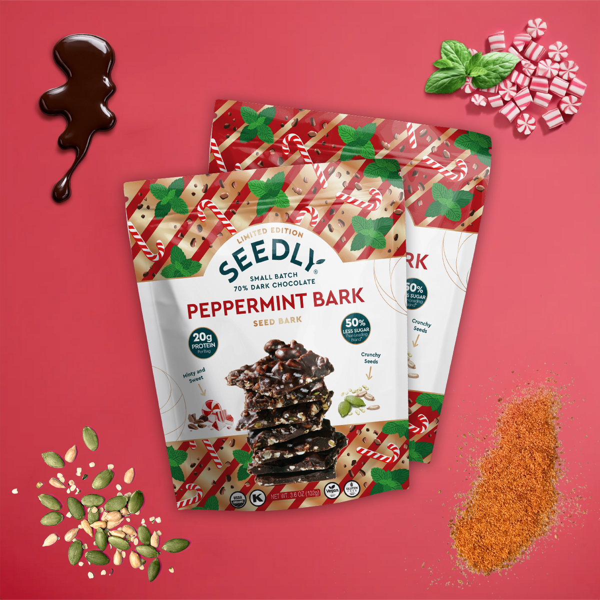 SEEDLY, Peppermint, Dark Chocolate Bark, 3.6 Oz. (Lmt Ed.)