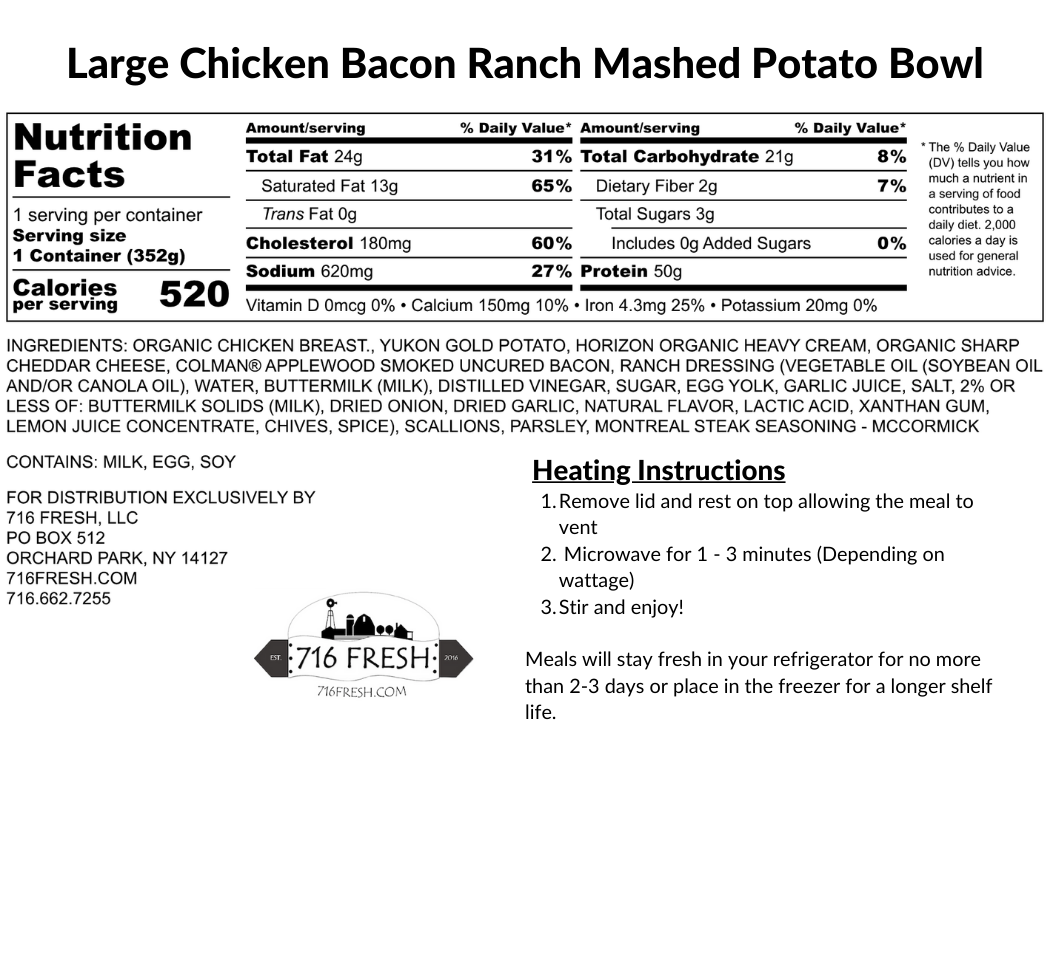 Large Chicken Bacon Ranch Mashed Potato Bowl, GF