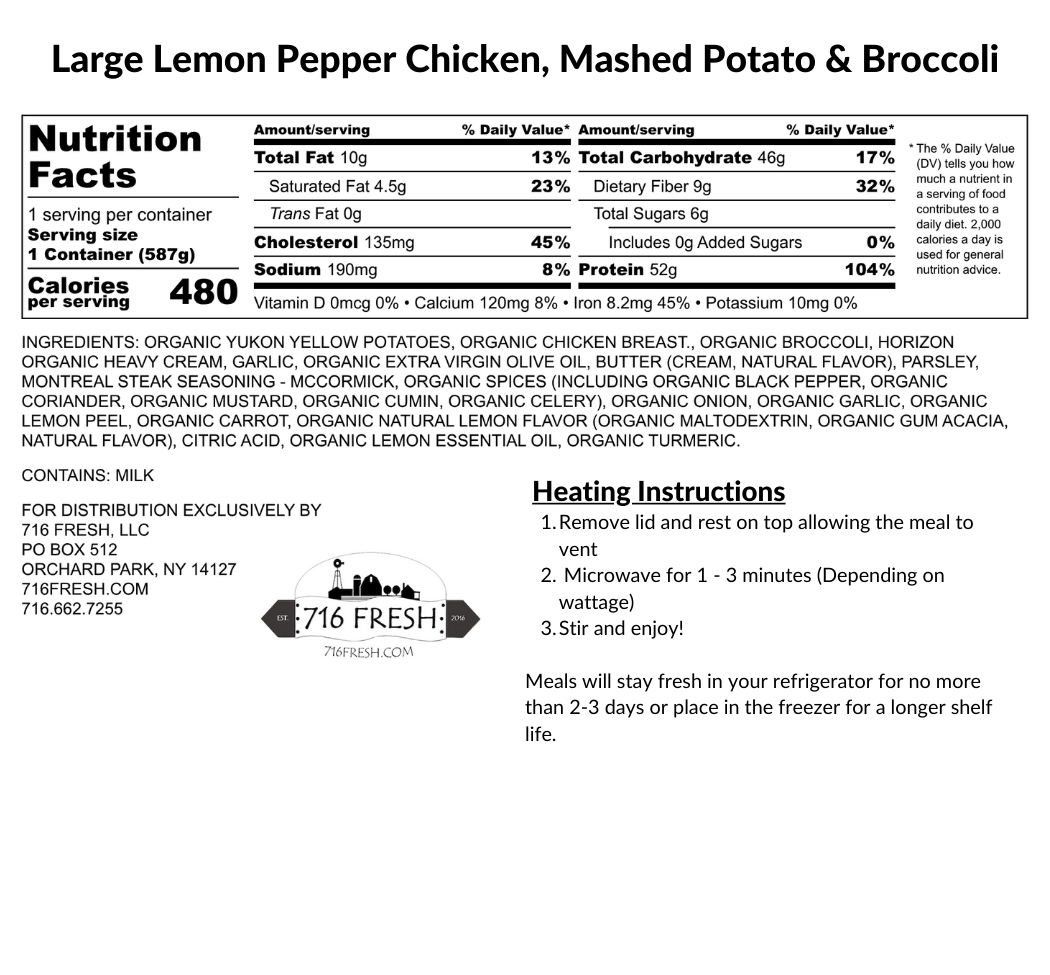 Large Lemon Pepper Chicken, Mashed Potato & Broccoli, GF
