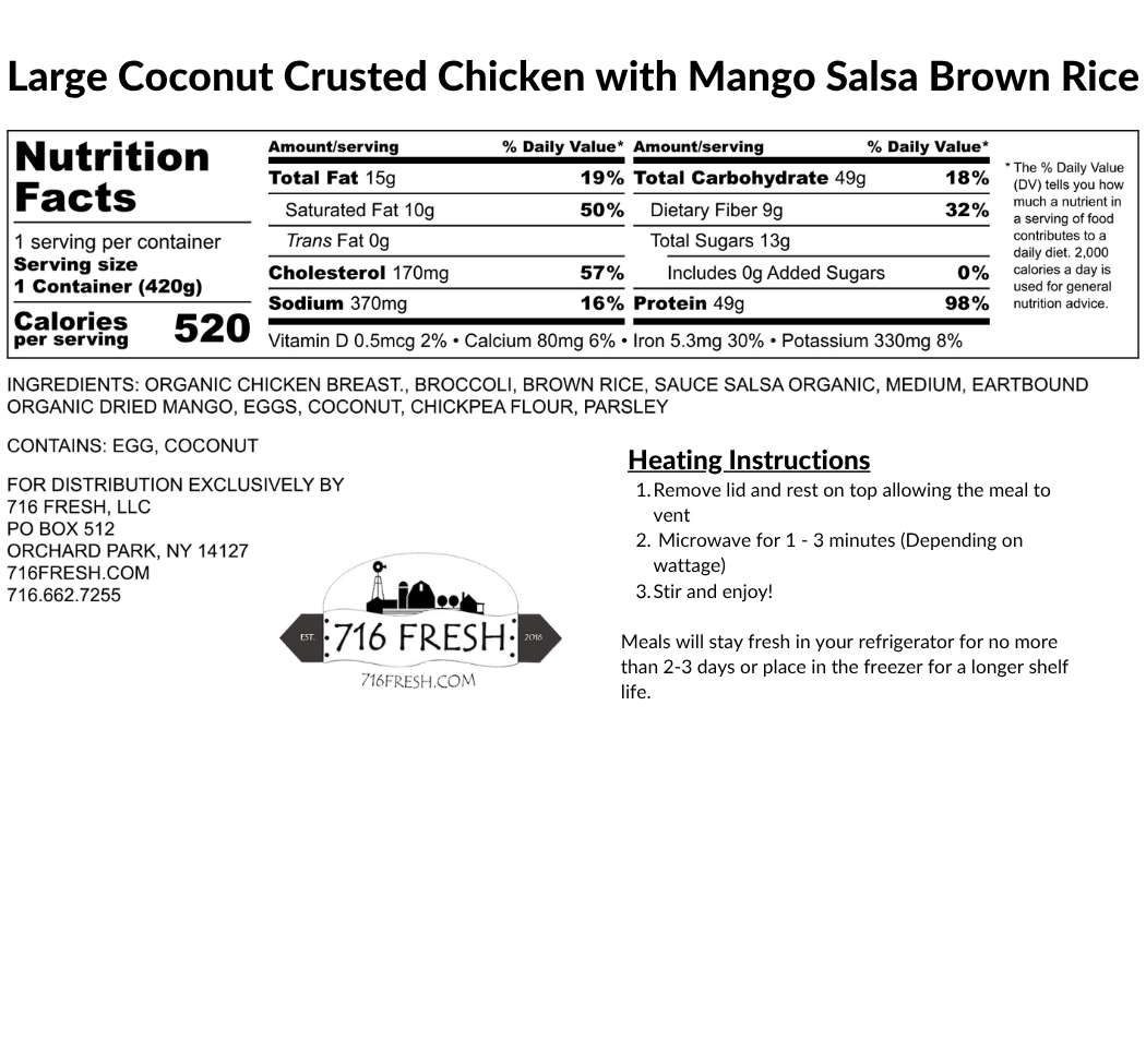 Large Coconut Crusted Chicken with Mango Salsa Brown Rice, GF, DF