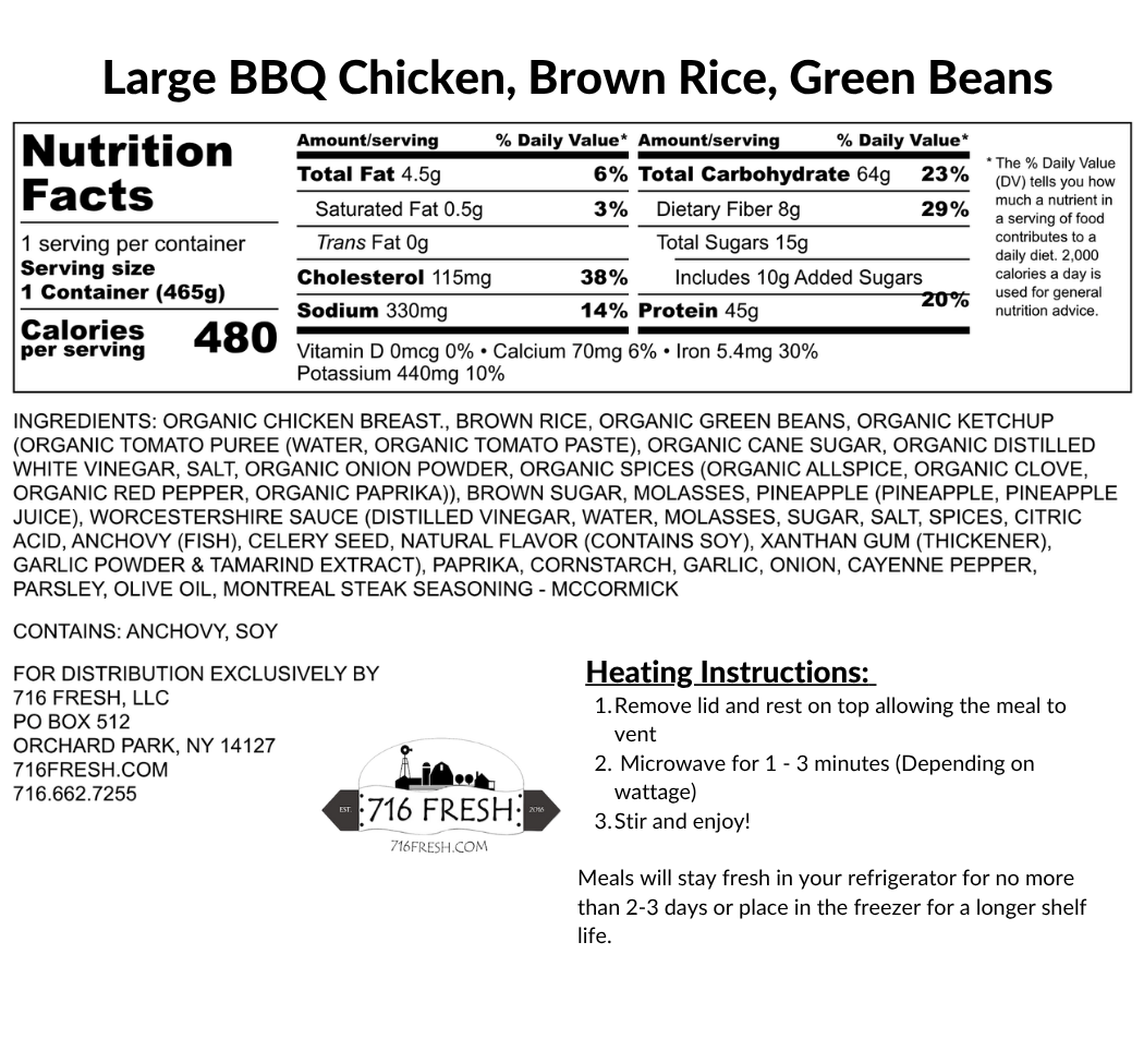 Large BBQ Chicken, Brown Rice, Green Beans, GF, DF