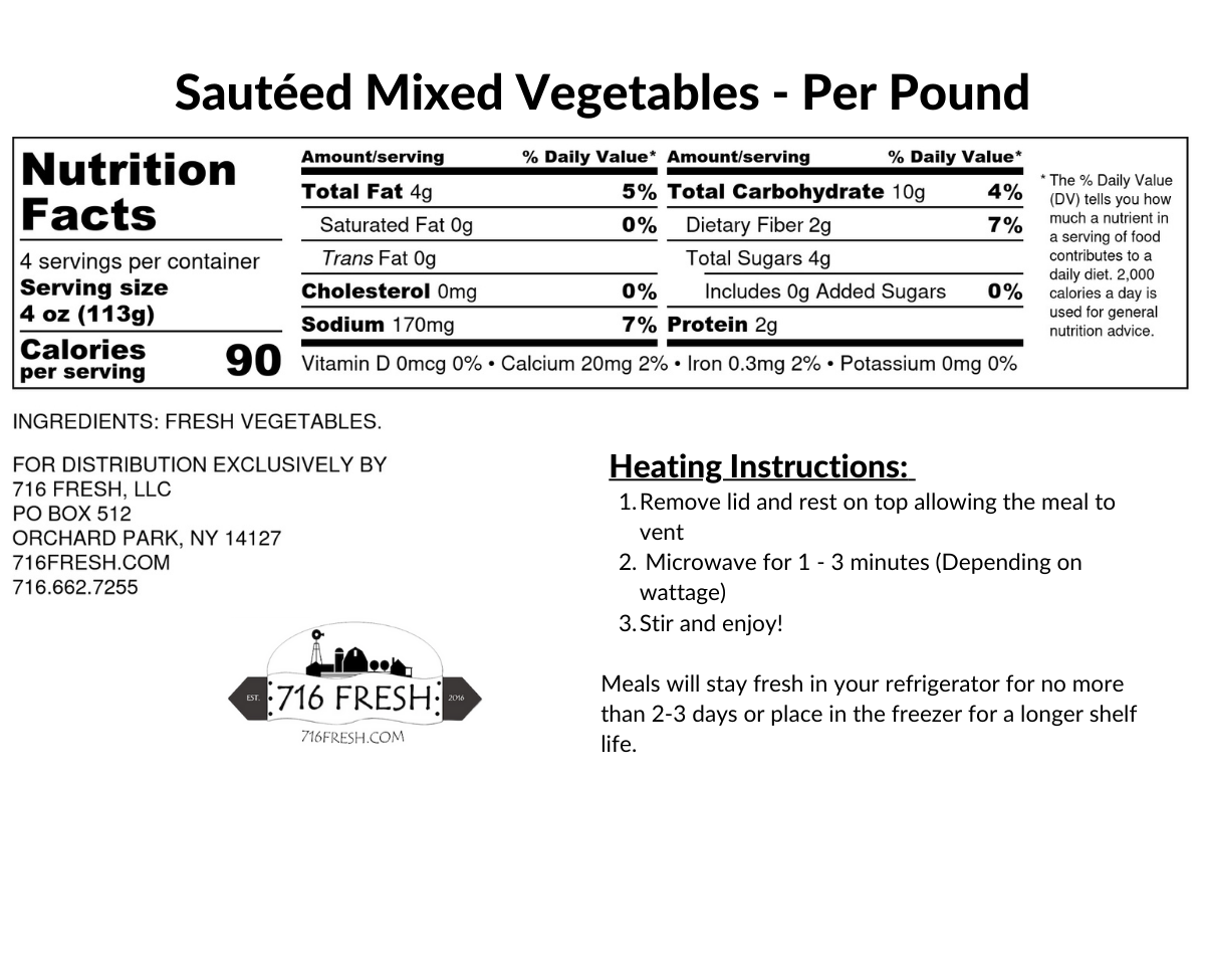 Sauteed Mixed Vegetables Per Pound- K, GF, V, VG, DF