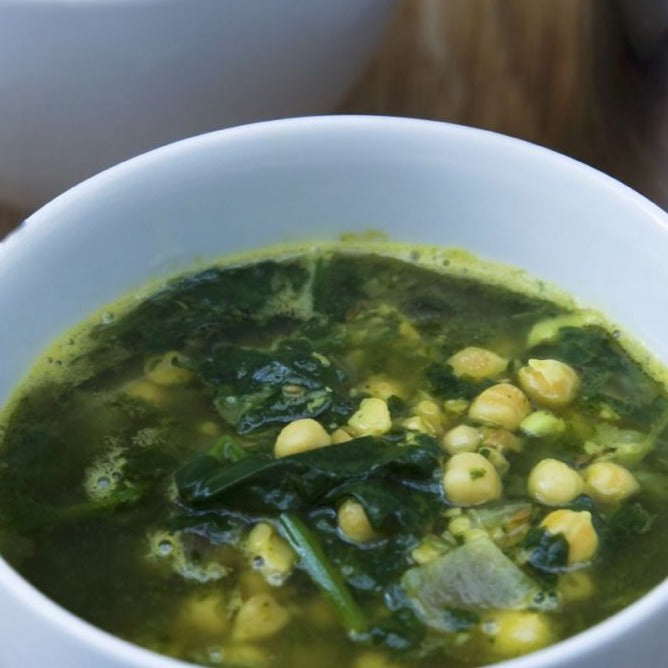 Sautéed Garlic, Garbanzo Bean and Spinach Soup, GF, V, VG