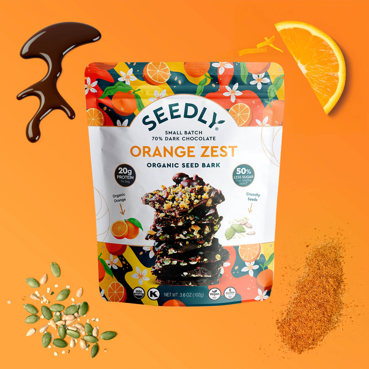 SEEDLY, Orange Zest, Dark Chocolate Bark, 3.6