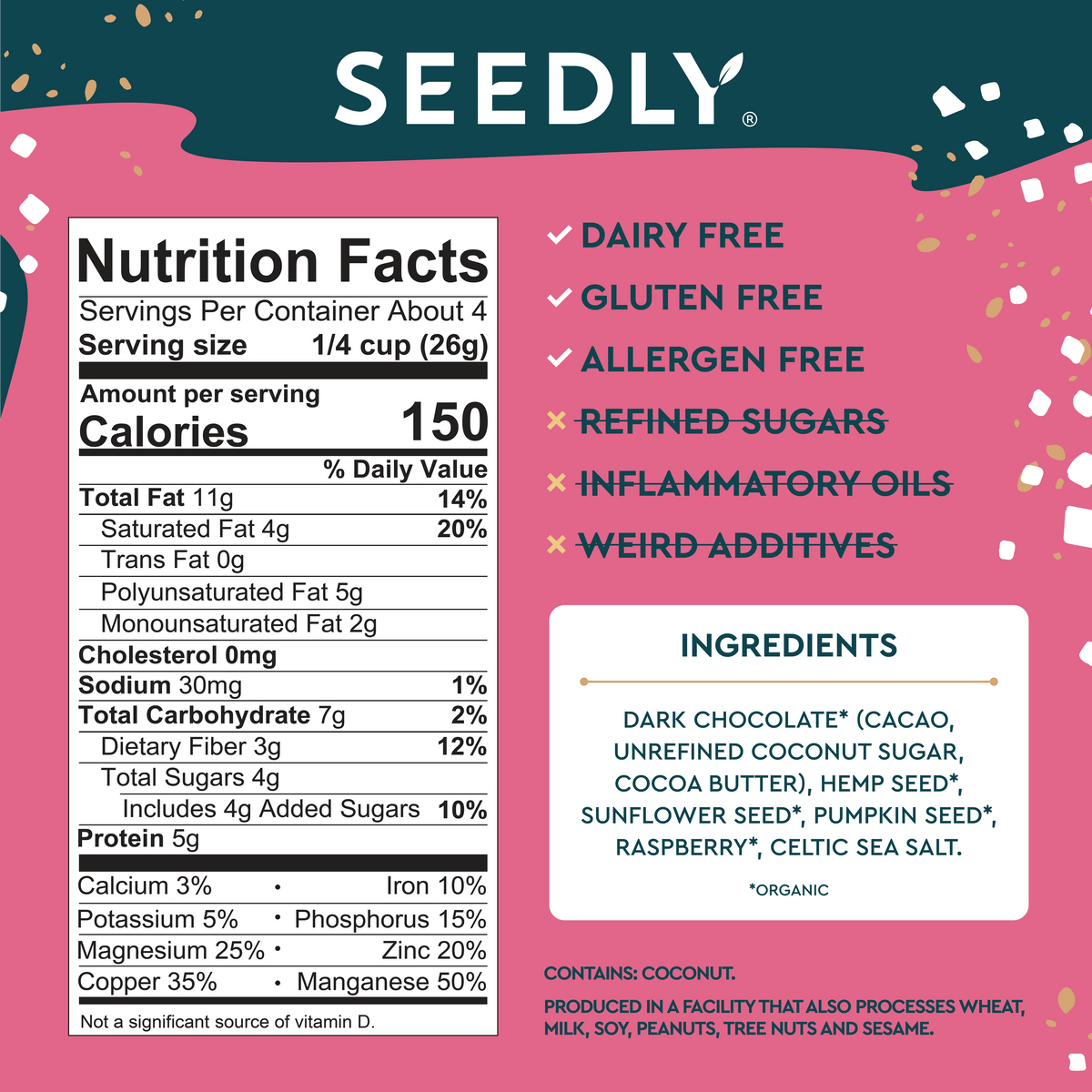 SEEDLY, Raspberry Bliss, Dark Chocolate Bark, 3.6 Oz.