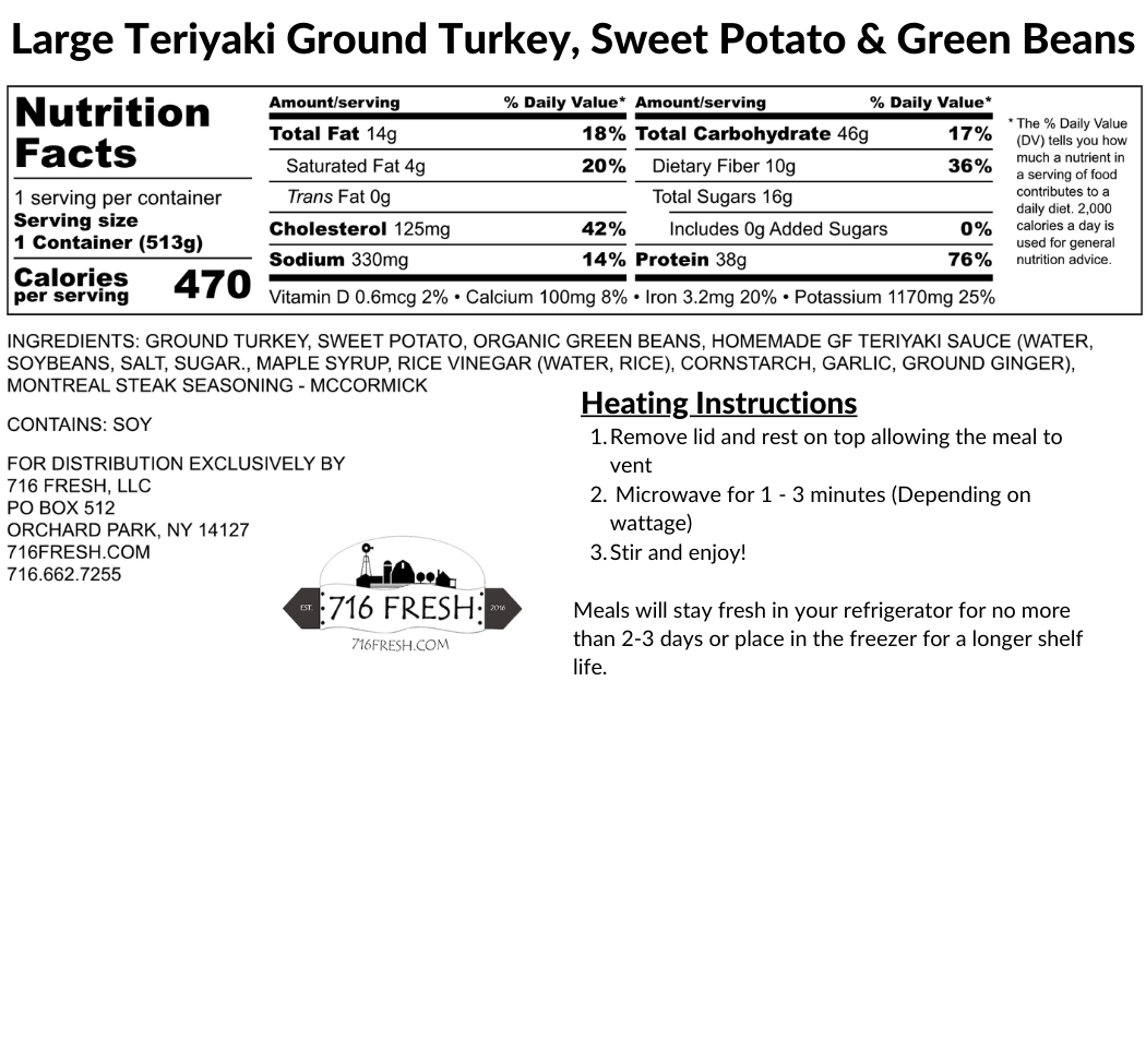 Large Teriyaki Ground Turkey, Sweet Potato & Green Beans, GF