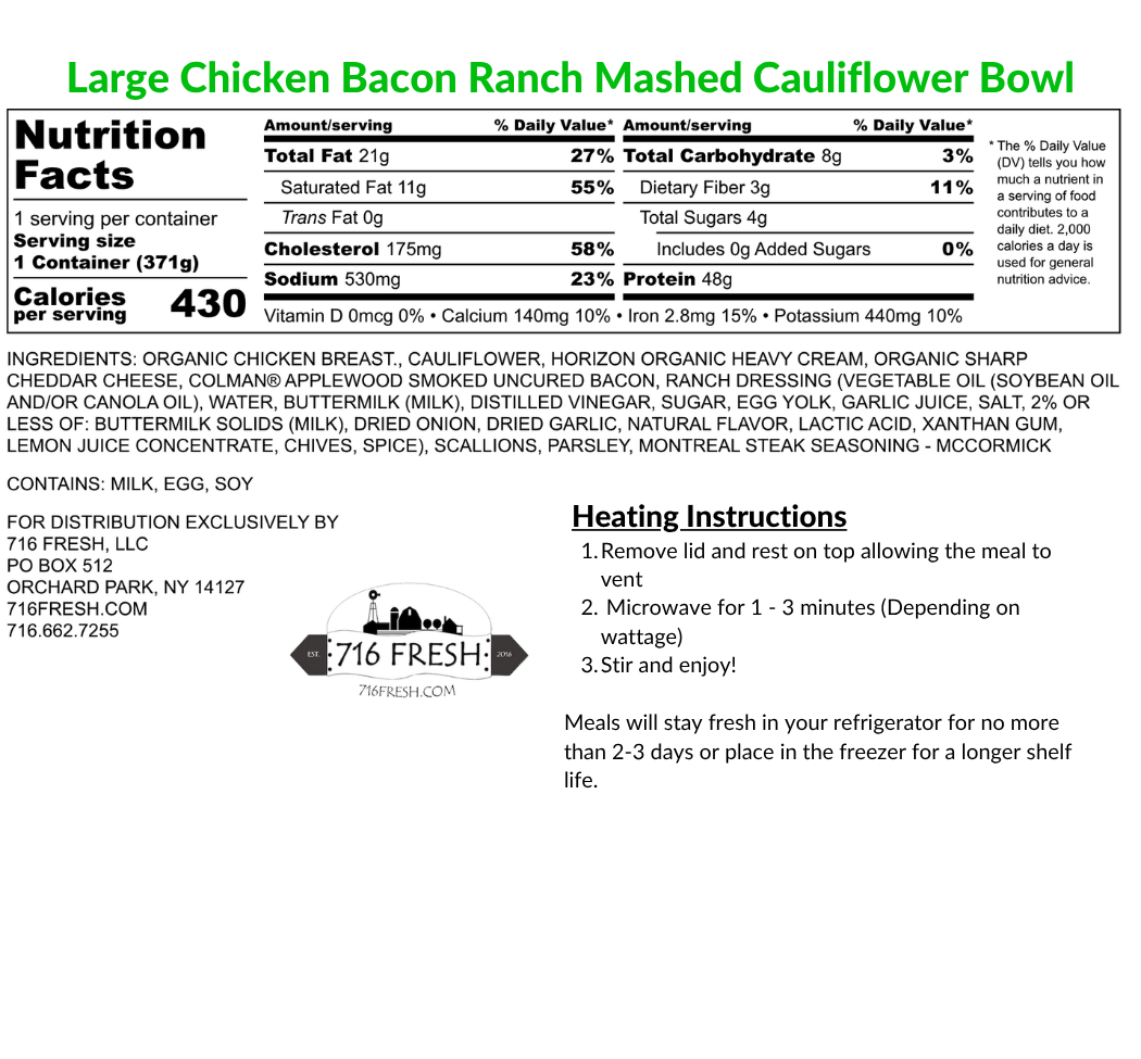 Large Chicken Bacon Ranch Mashed Cauliflower Bowl, GF