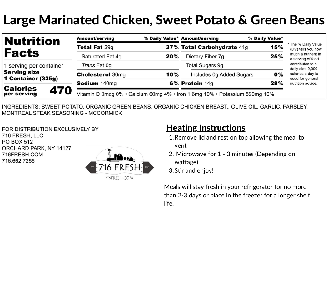 Large Marinated Chicken, Sweet Potato & Green Beans, GF, DF