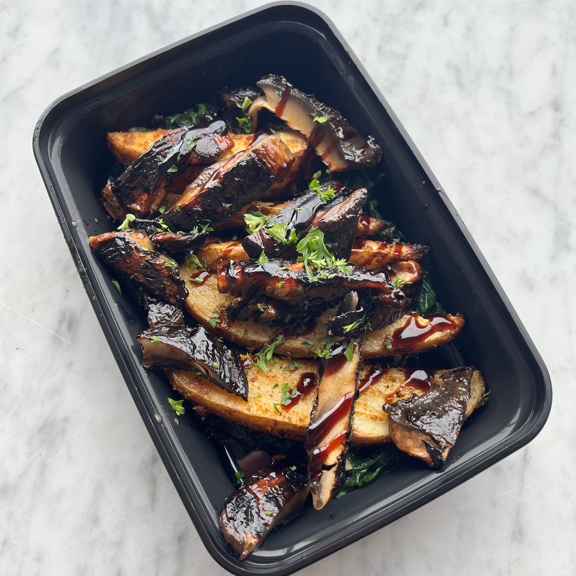 Balsamic Roasted Mushrooms & Potato Wedges, GF, VG, V, DF