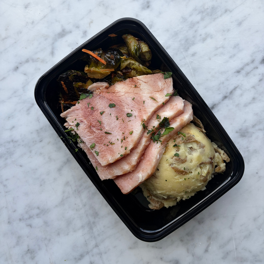 Honey Glazed Ham, Mashed Potato, Brussels Sprouts
