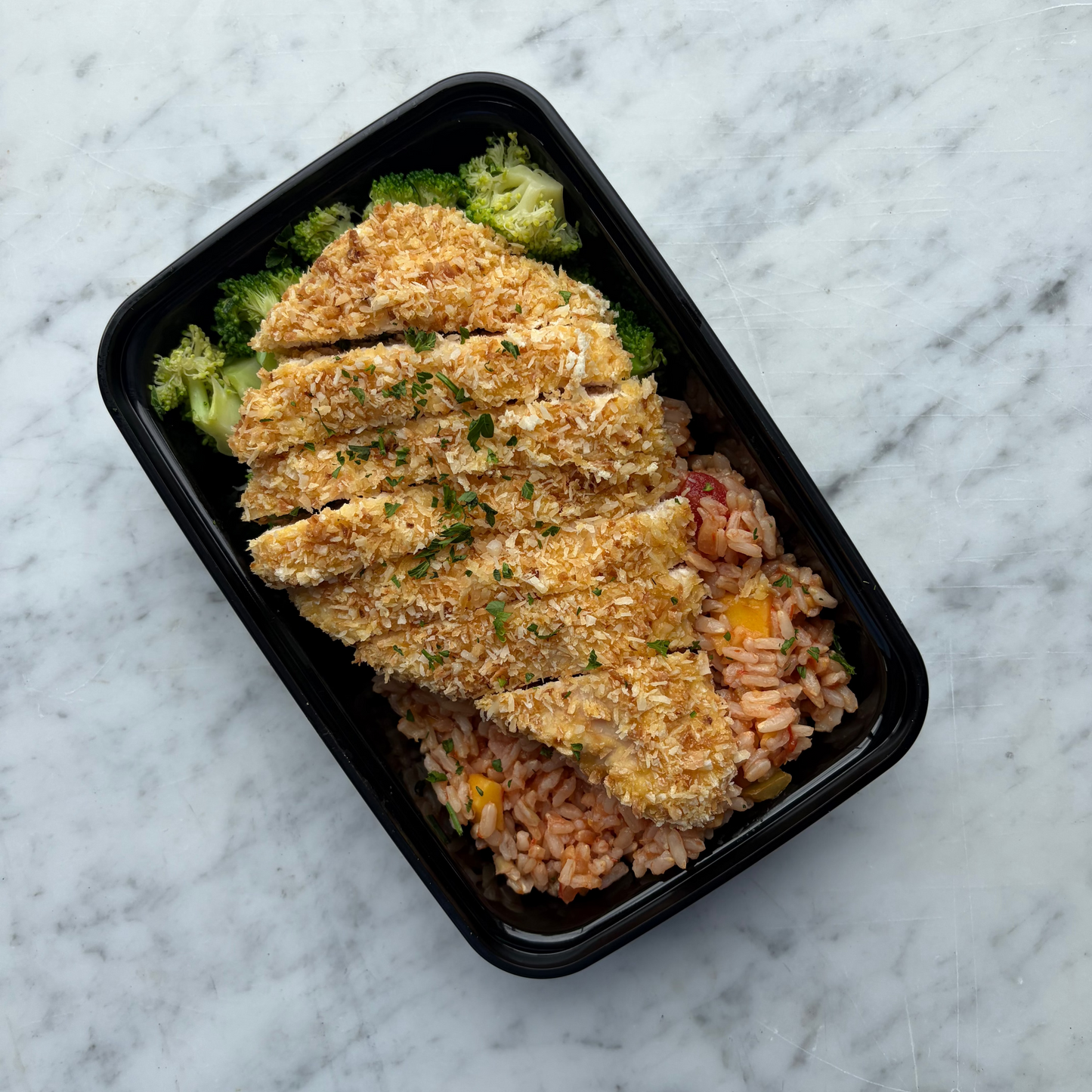 Coconut Crusted Chicken with Mango Salsa Brown Rice, GF, DF