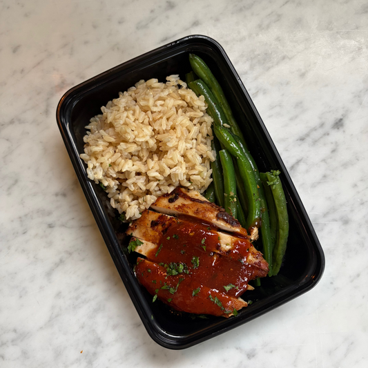 BBQ Chicken, Brown Rice, Green Beans, GF, DF