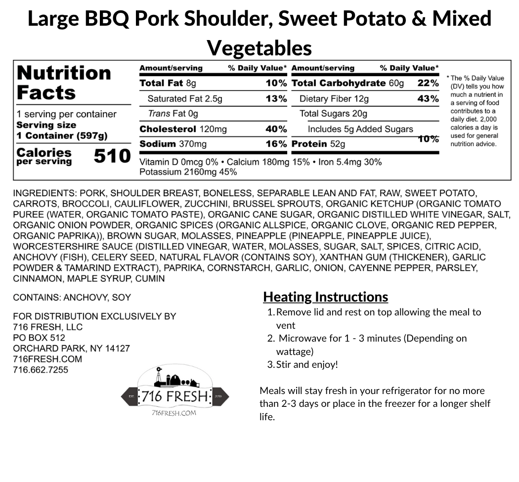 Large BBQ Pork Shoulder, Sweet Potato & Mixed Vegetables, GF, DF