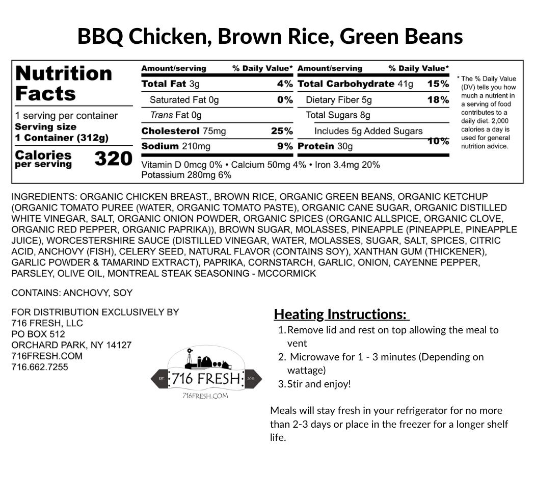 BBQ Chicken, Brown Rice, Green Beans, GF, DF