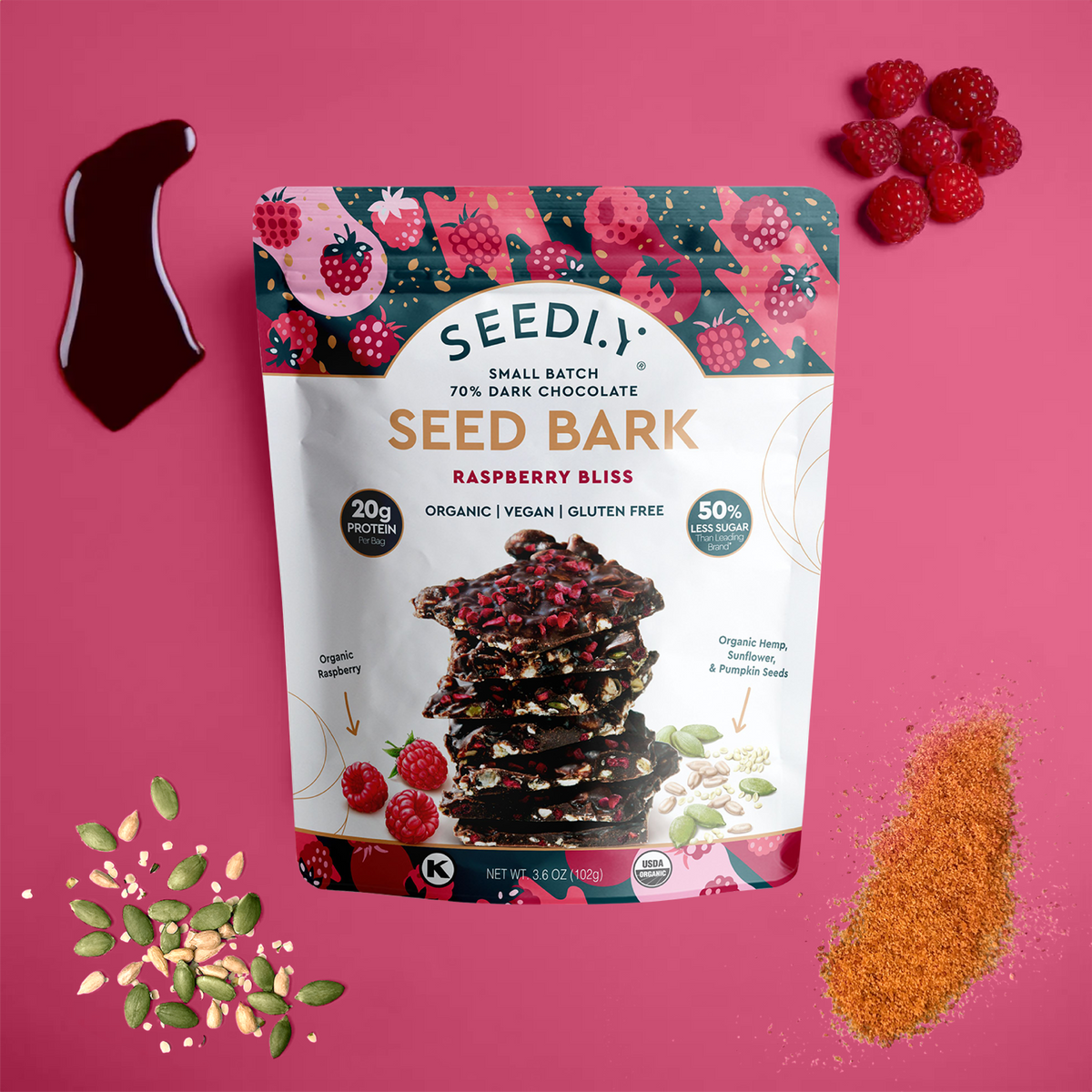 SEEDLY, Raspberry Bliss, Dark Chocolate Bark, 3.6 Oz.
