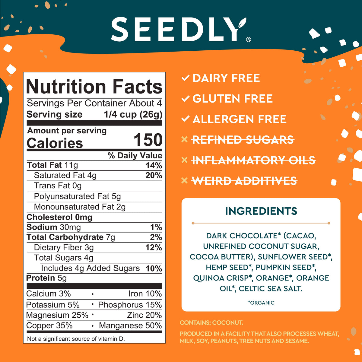 SEEDLY, Orange Zest, Dark Chocolate Bark, 3.6