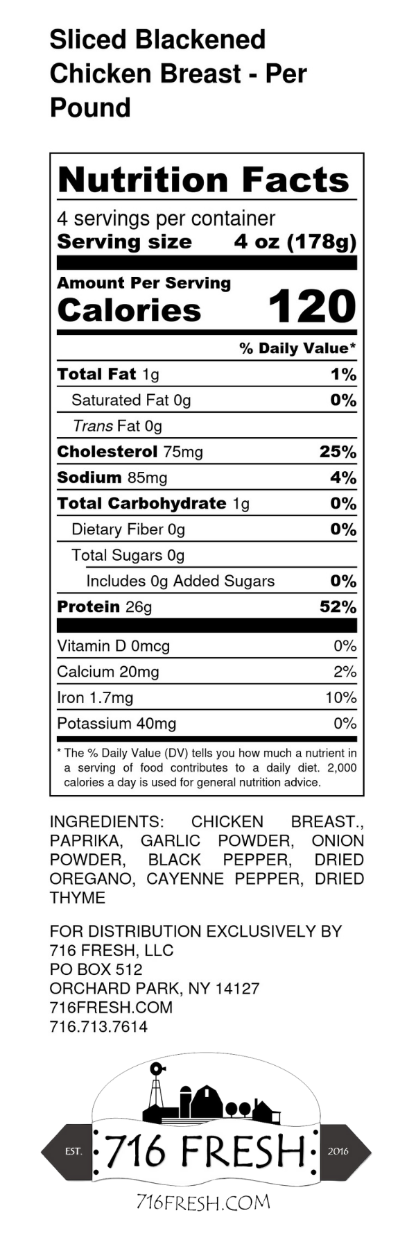 Sliced Blackened Chicken Breast- Per Pound, DF,GF