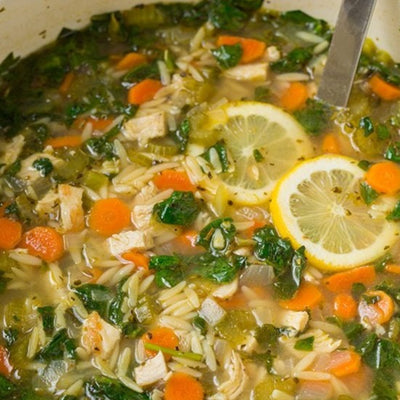 Lemon Garlic Chicken and Orzo Soup, DF